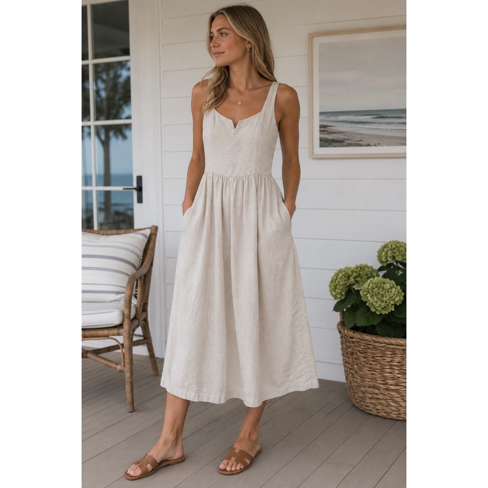 Old Navy Womens Linen Blend Midi Dress Oatmeal Beige Smocked Back Pockets Size M